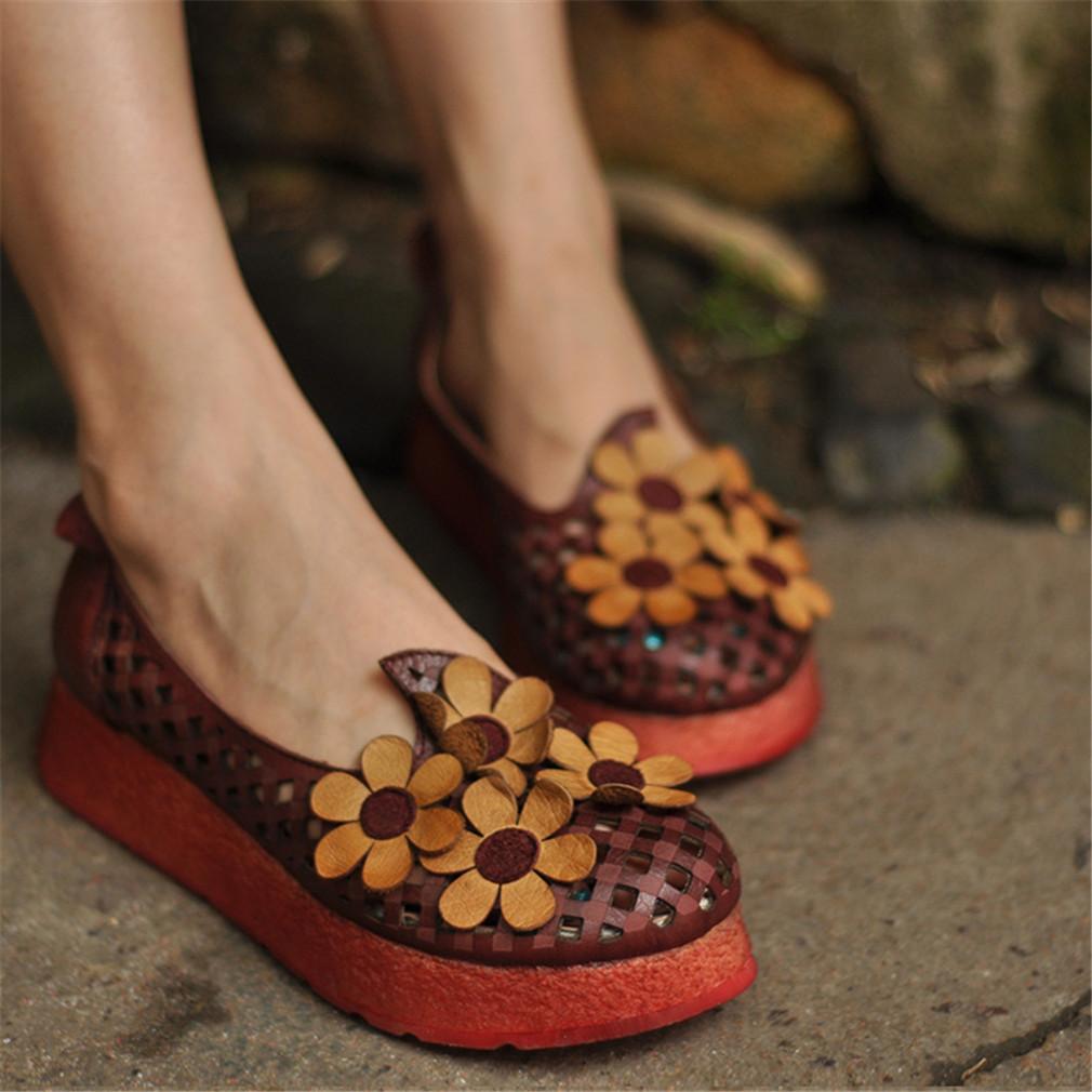 Flats Shoes Wide Width Hollow-Out Flowers Casual Loafers Slippers Khaki/Army-Green/Wine-Red