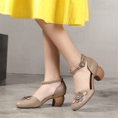 Elegant Pumps Classic Round Toe Ankle Strap Sandals Thick Heels Gray-Green