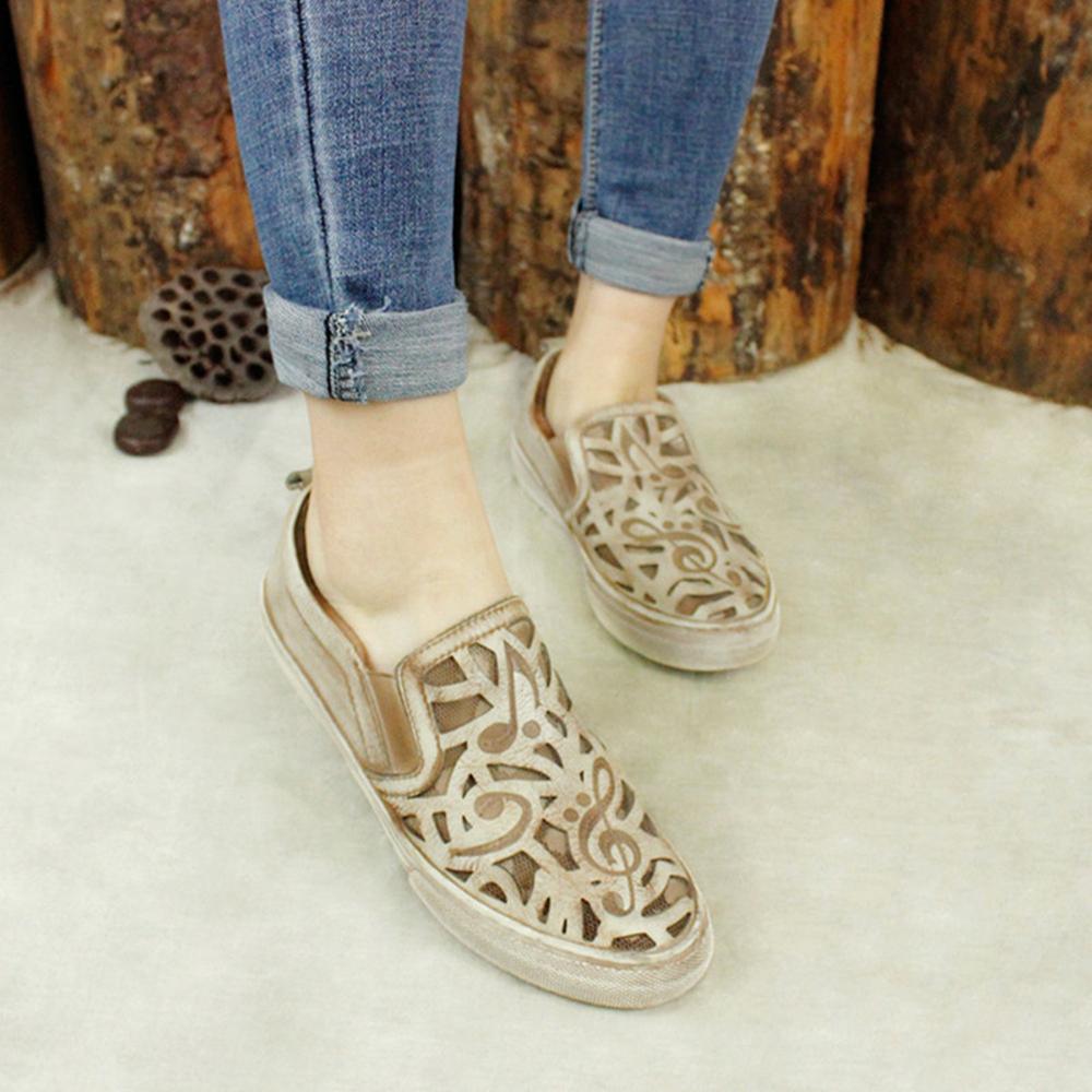 Hand-Printing Sneakers Calf Low Wedge Walking Shoes Flats Black/Khaki