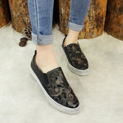 Hand-Printing Sneakers Calf Low Wedge Walking Shoes Flats Black/Khaki