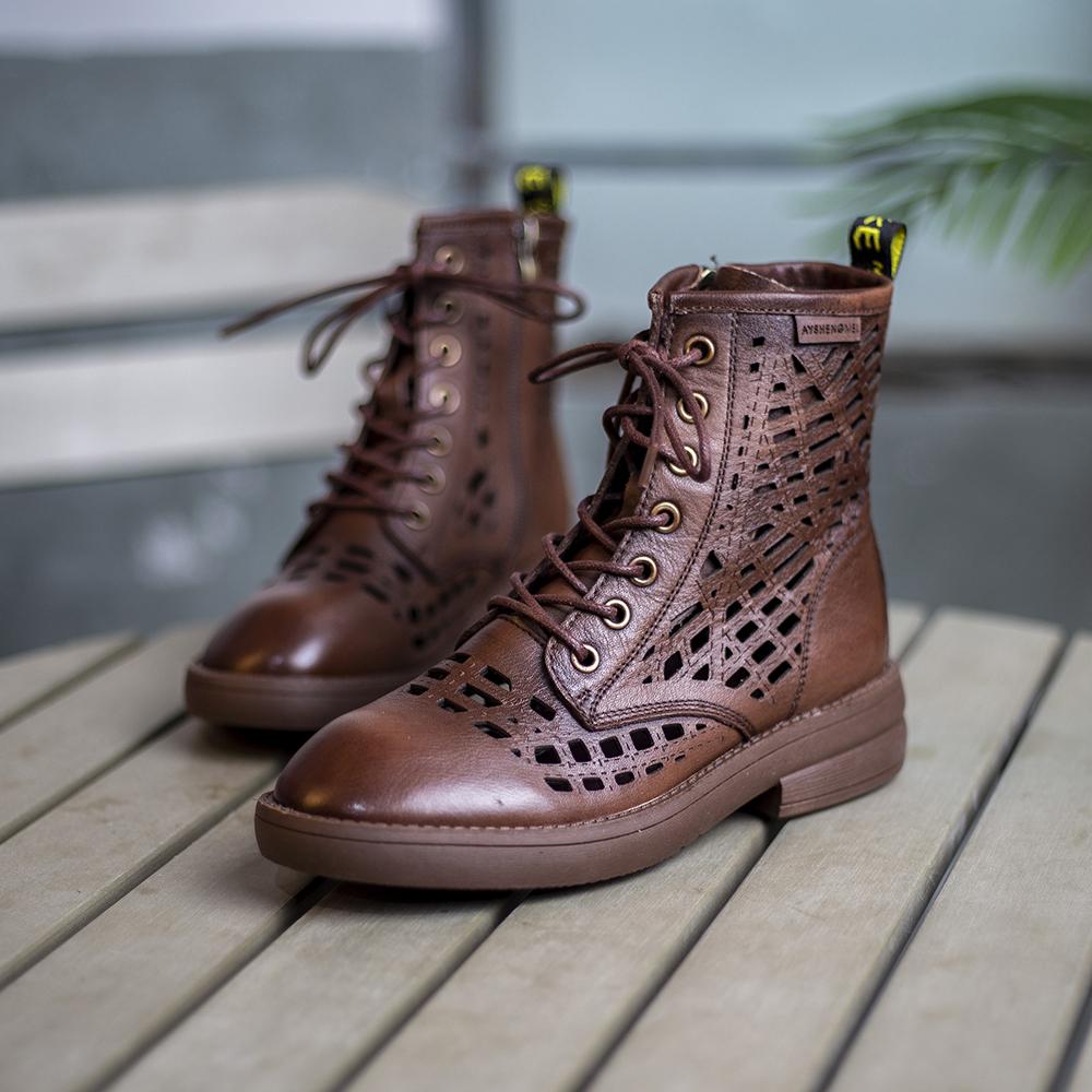 Handmade Genuine Hollow Out Boots Breathable Summer Shoes Side Zipper Ankle Boots Brown/Black