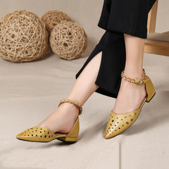 Handmade Flat Sandals Genuine Hollow Out Pointed Toe Buckle Strap Ladies Summer Shoes