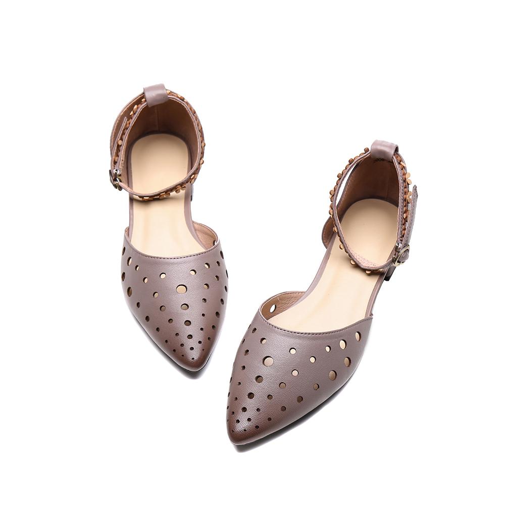 Handmade Flat Sandals Genuine Hollow Out Pointed Toe Buckle Strap Ladies Summer Shoes