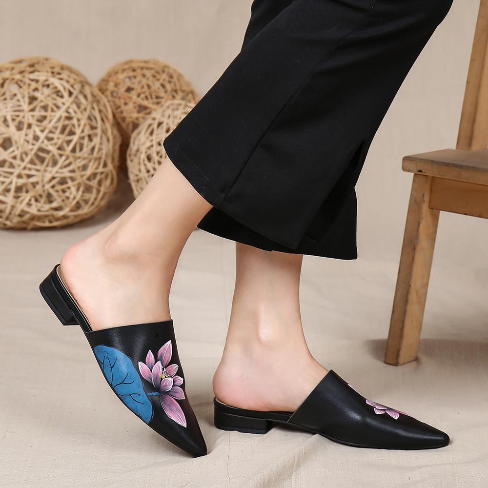 Handmade Retro Painted Lotus Slippers Pointed Toe Mules