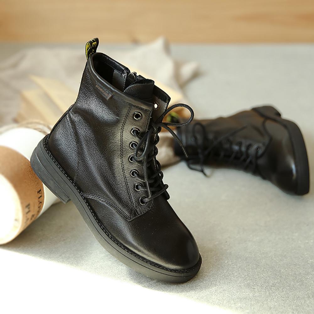 Handmade Classic Martin Boots Genuine Lace-Up Oxfords Round Toe Chunky Ankle Booties Black/Brown/Off White