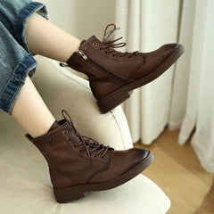 Handmade Classic Martin Boots Genuine Lace-Up Oxfords Round Toe Chunky Ankle Booties Black/Brown/Off White