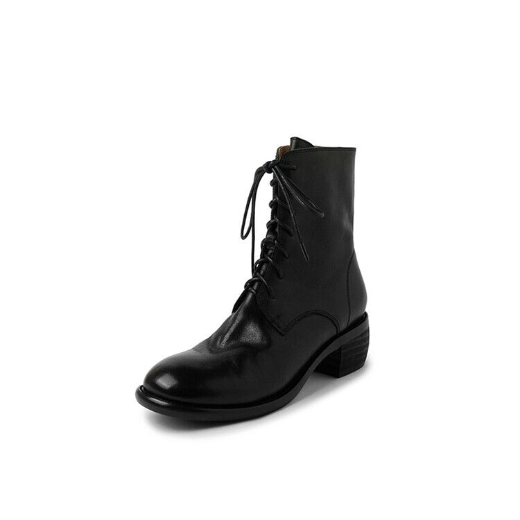 Botas Martin de moda hechas a mano, auténticas botas Oxford con cordones, punta redonda, botines gruesos, cremallera trasera, negro/marrón