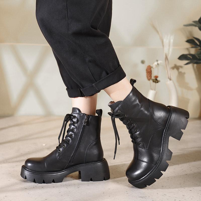 Genuine Martin Boots Lace-Up Combat Boots Retro Chunky Ankle Boots