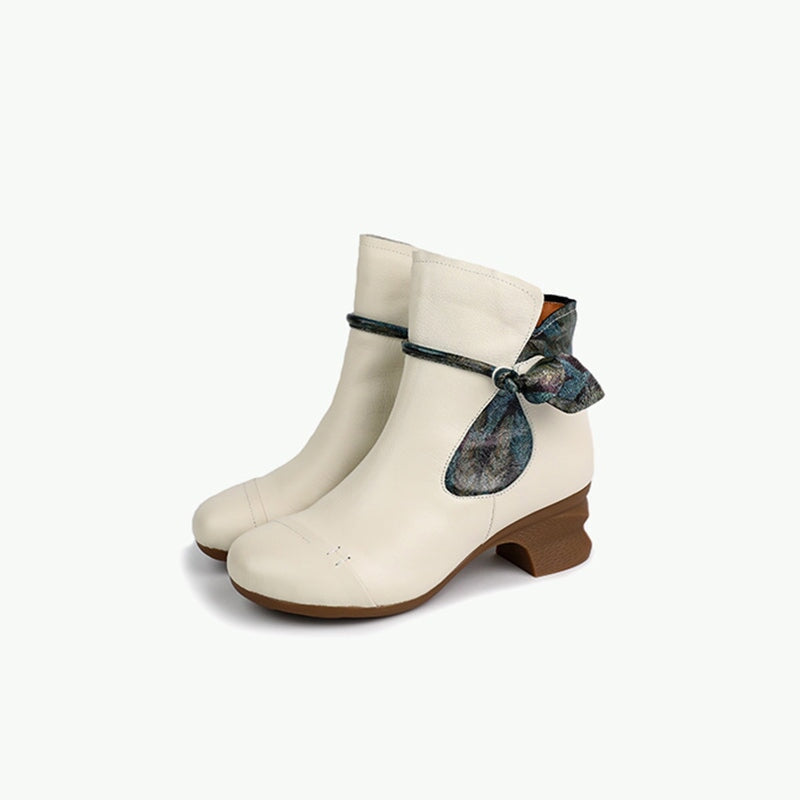Handmade Soft Ankle Boots Retro Round Toe Black/White