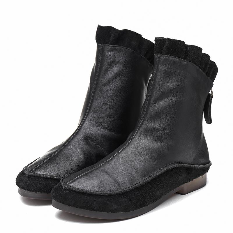 Handmade Soft Short Boots Retro Round Toe For Fall And Winter Coffee/Black