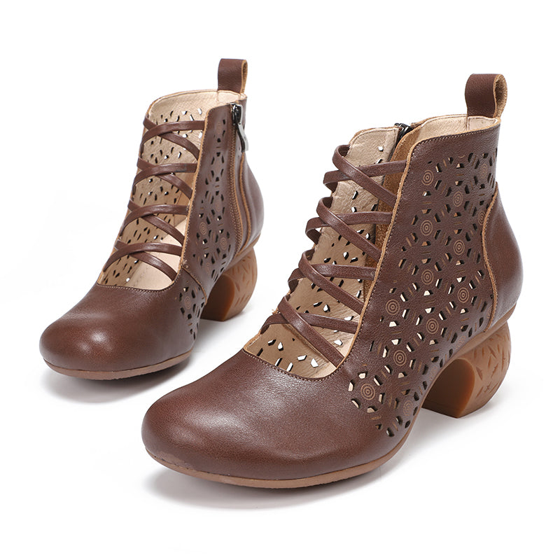 Handmade Genuine Pumps Retro Round Toe Ankle Boots Block Heels Side Zipper Coffee/Brown