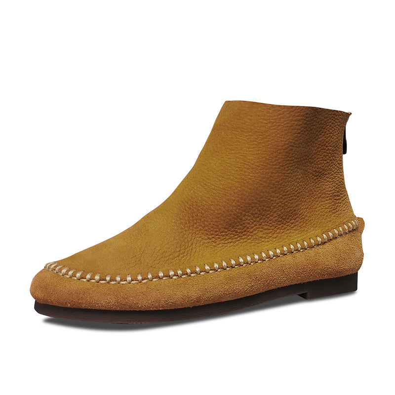Handmade Soft Ankle Boots Retro Round Toe Short Boots Chelsea Boots Back Zipper Coffee/Grey/Brown