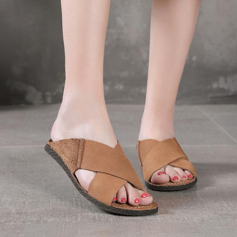 Handmade Cowhide Sandals Soft Comfy Casual Slippers Coffee/Apricot