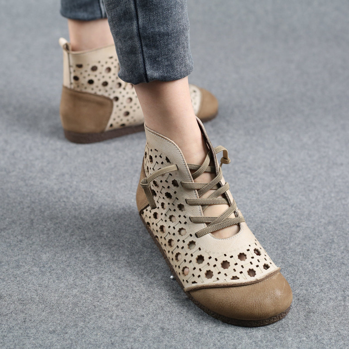 Cut Out Summer Boots Breathable Hollowed Lace Up Ankle Booties Beige/Coffee