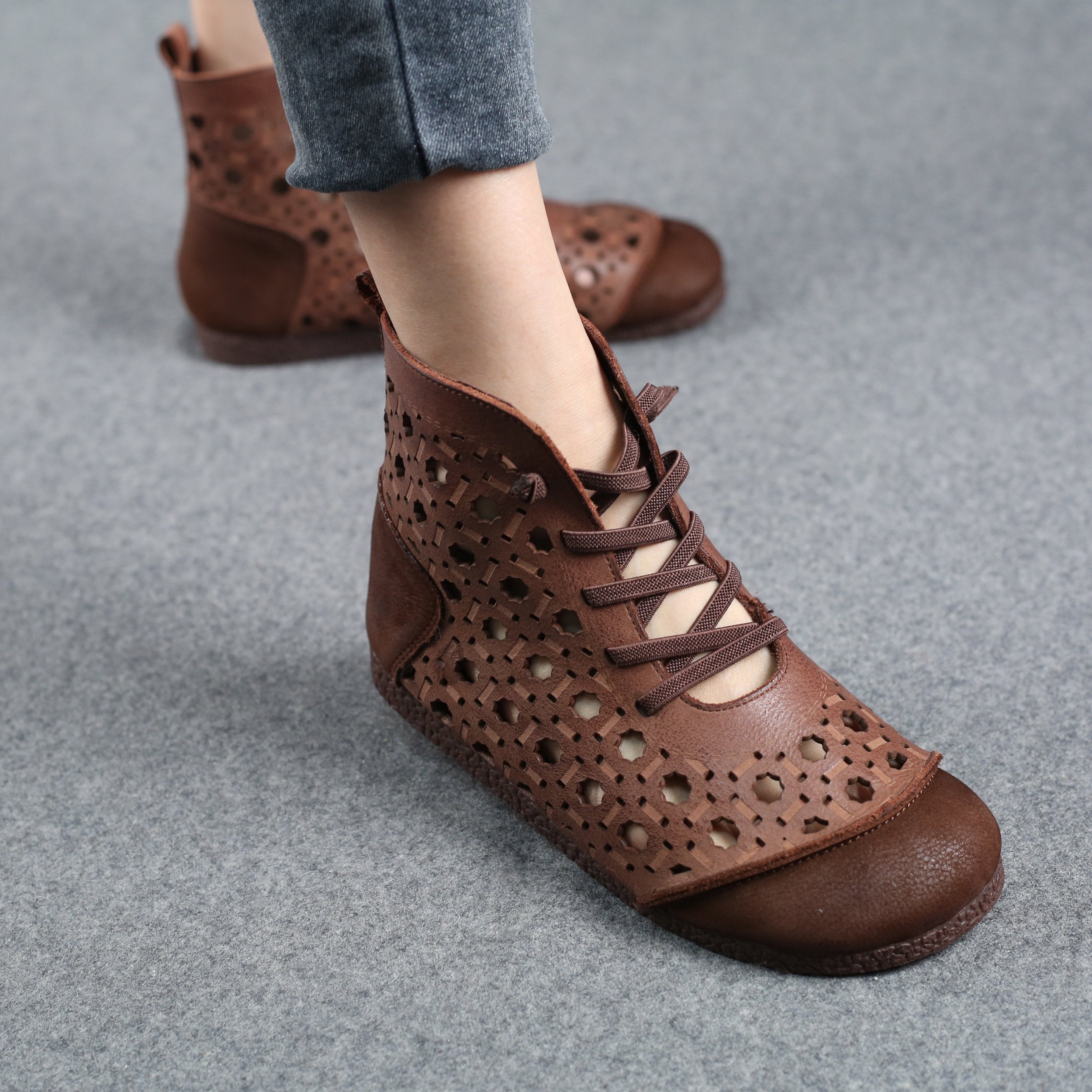 Cut Out Summer Boots Breathable Hollowed Lace Up Ankle Booties Beige/Coffee