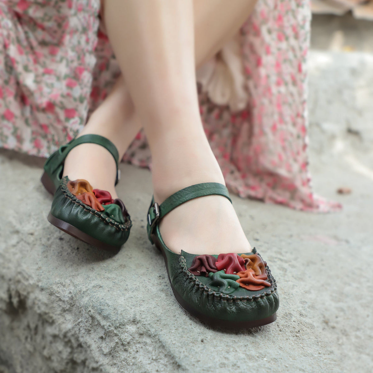 Handmade Mary Jane Shoess Round Toe Retro Flat Sandals Green/Brown