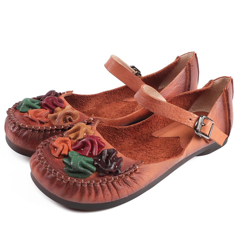 Handmade Mary Jane Shoess Round Toe Retro Flat Sandals Green/Brown