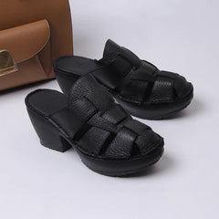 Woven Summer Slippers Block Heel Fishmen Style Mules