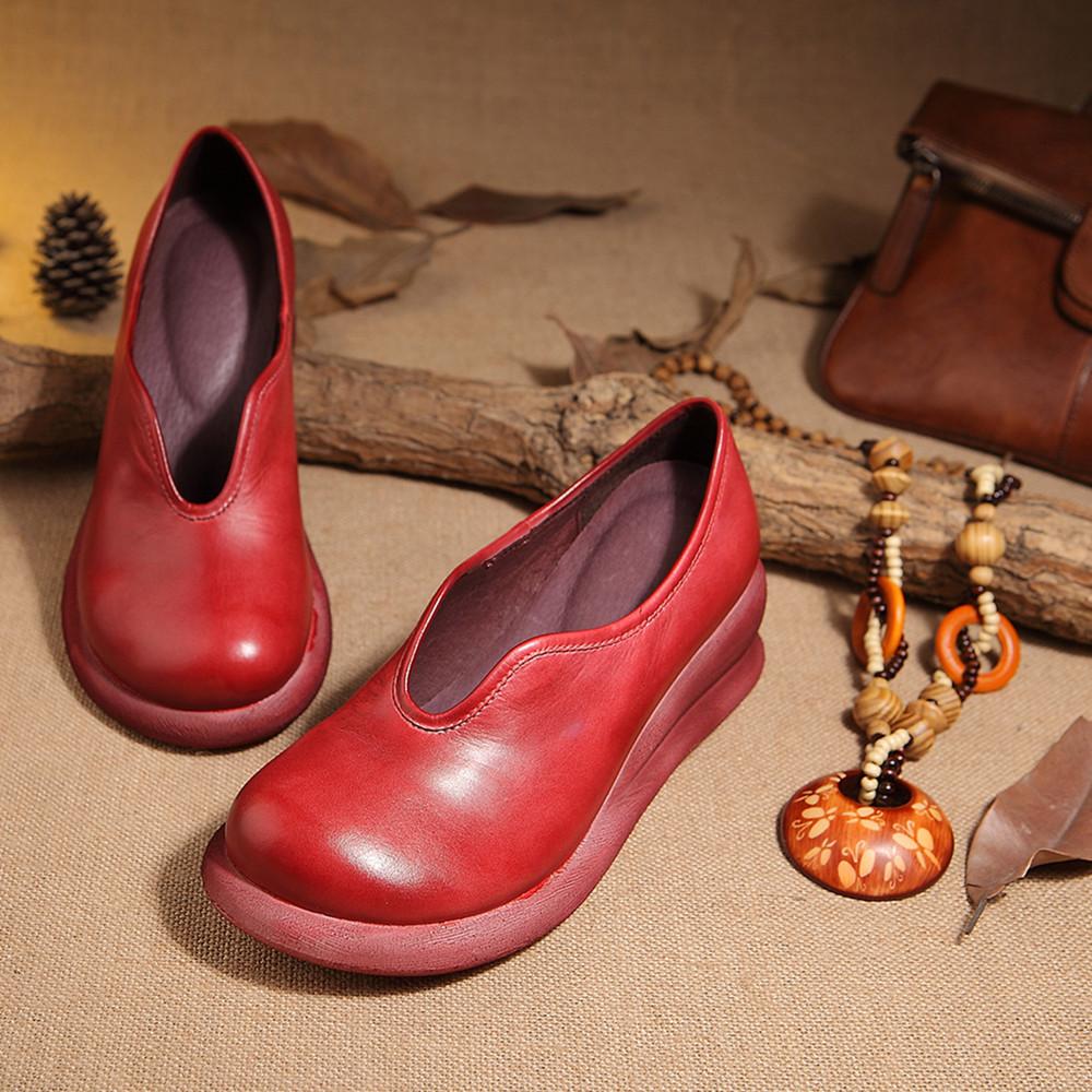 Handmade Platform Shoes Fashion Slip On Loafers Red/Apricot