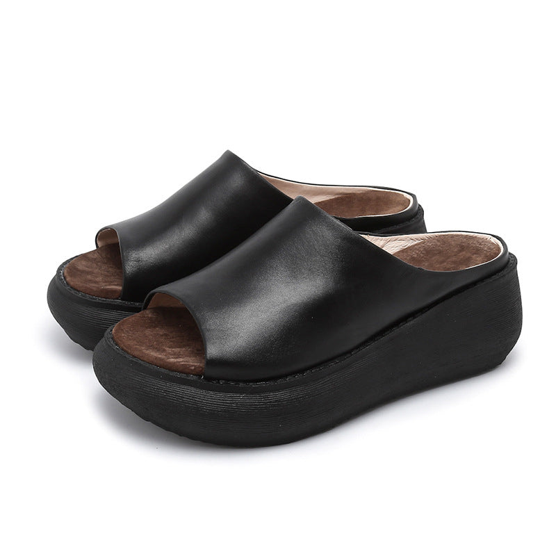 Handmade Genuine Summer Slippers Platform Mules Black/Coffee/White
