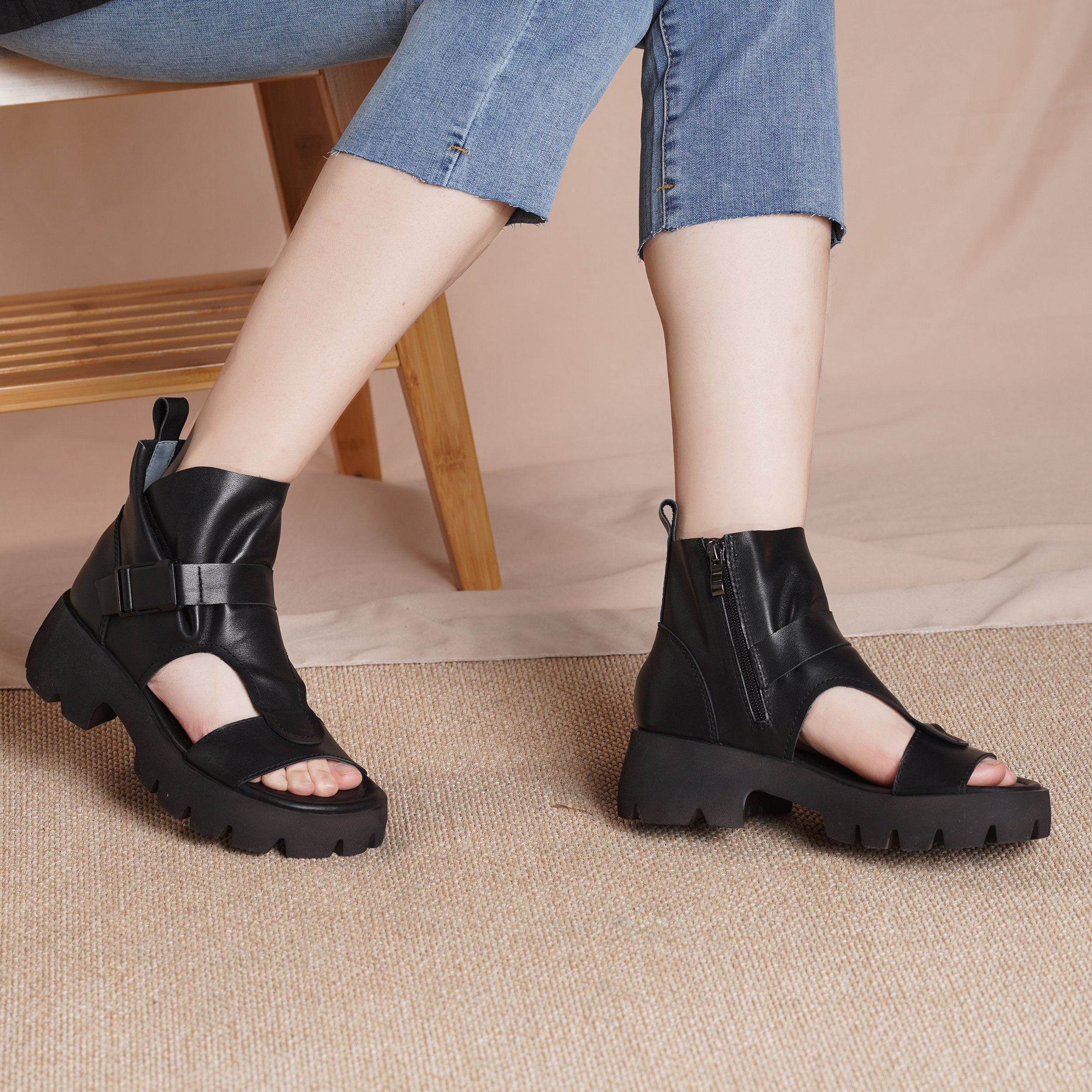 Genuine Platform Sandals Boots  Peep Toe Buckle Sandals Side Zipper BlackNew/BrownNew/Black/Brown