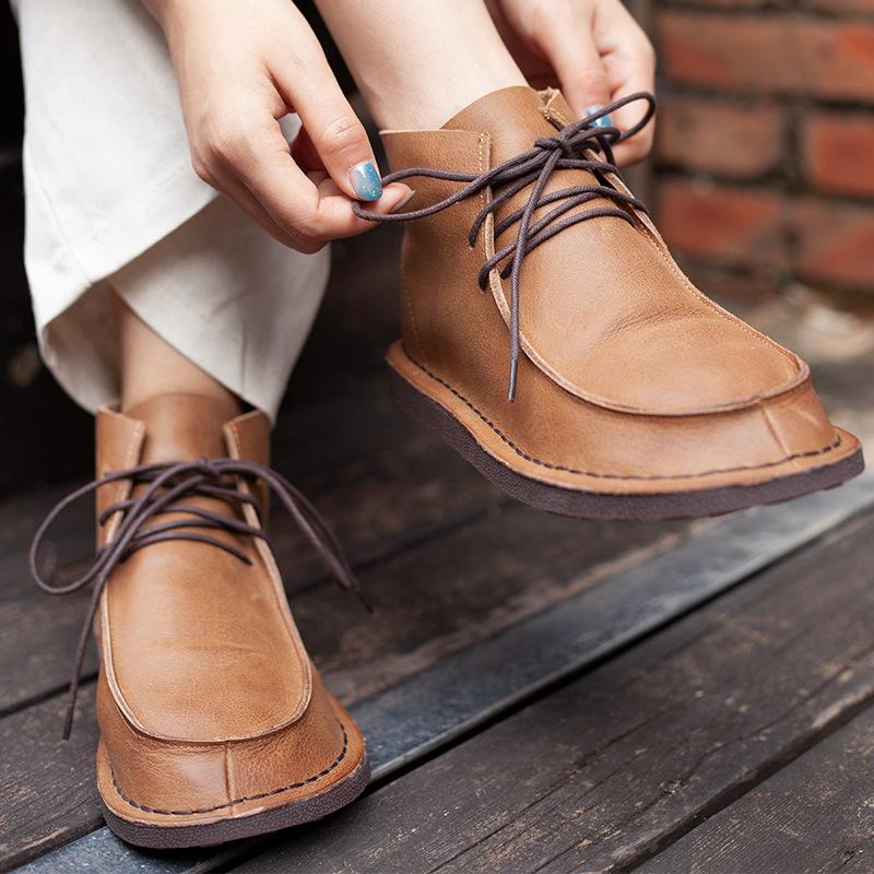 Retro Genuine Soft Flat Boots Round Toe Lace Up Mori Girl Style Wide Fit Camel/Coffee