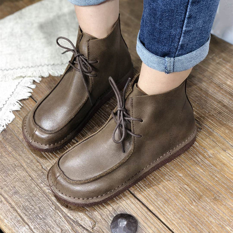 Retro Genuine Soft Flat Boots Round Toe Lace Up Mori Girl Style Wide Fit Camel/Coffee