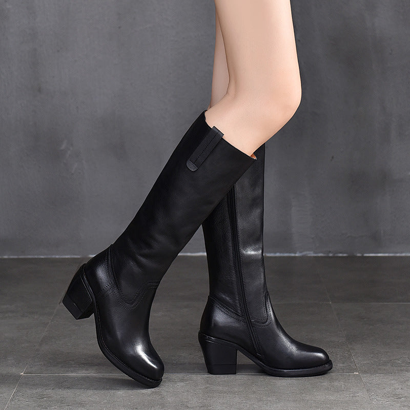 Classic Leather Side Zipper High Heel Long Boots