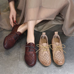 Literary Hollow Leather Flat Shoes