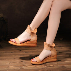 Wedge Sandals Soft Full Grain Wrap Ankle Zip Up Summer Sandals