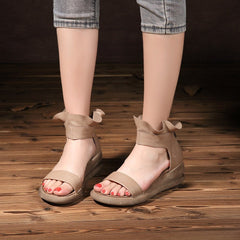 Wedge Sandals Soft Full Grain Wrap Ankle Zip Up Summer Sandals