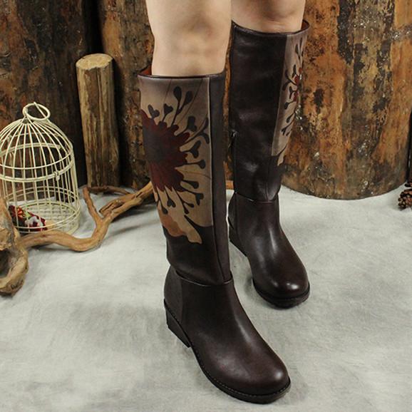 Handmade Knee High Boots  Block Heel Biker Boots Retro Flowers