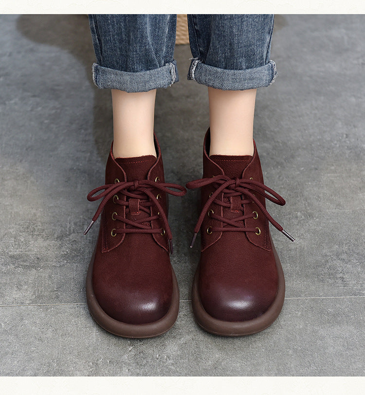 Simple Lace-up Leather Flat Shoes