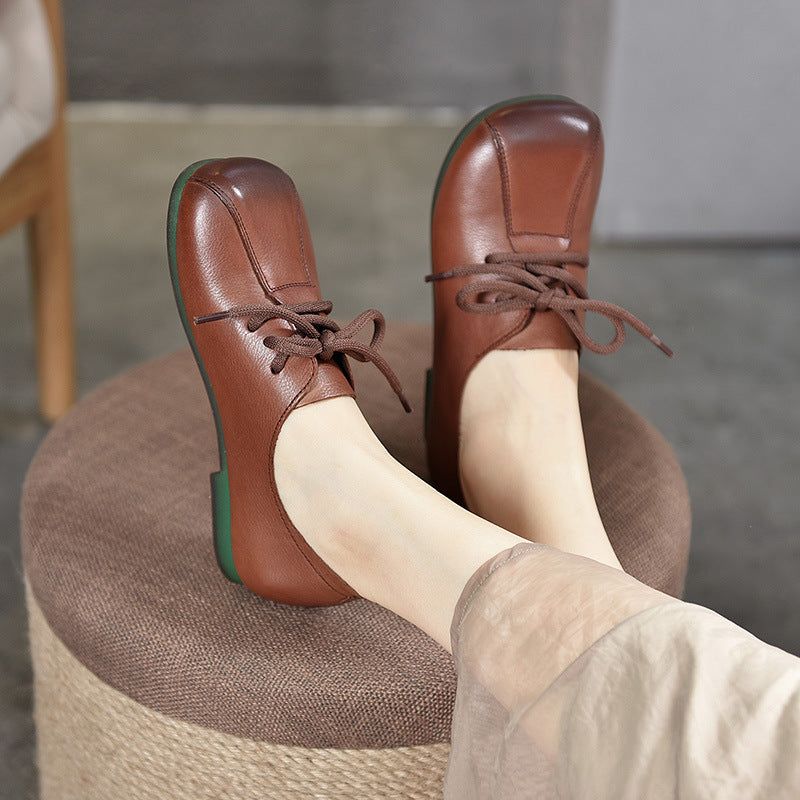 Casual Solid Color Round Toe Flat Leather Shoes