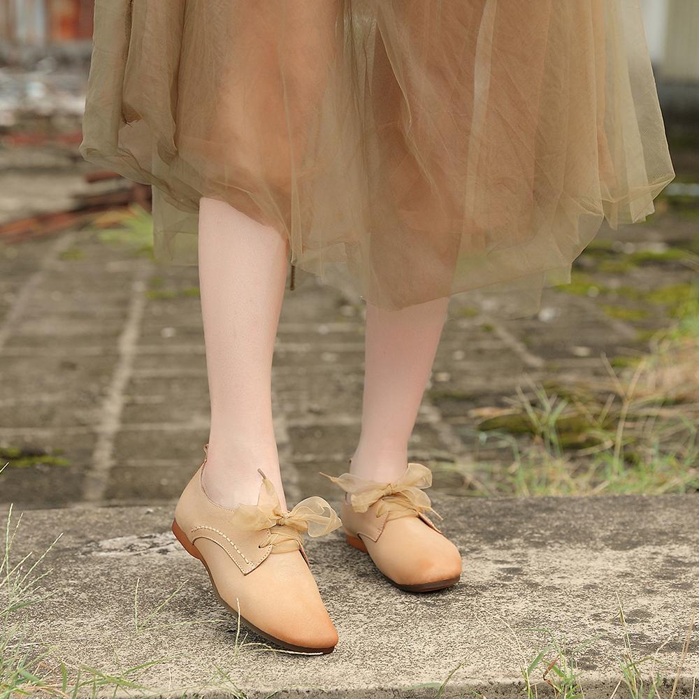 Sweet Lace Tie Flats Soft Walking Oxford Shoes Beige/Black