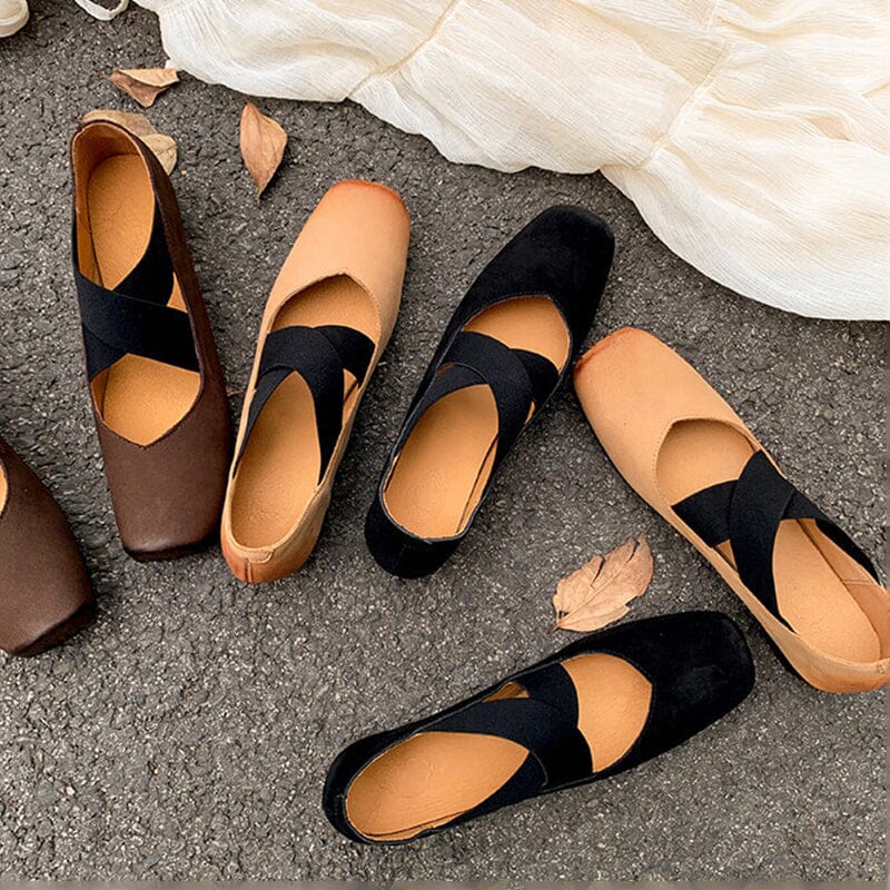 Ballet Flats with Cross-Strap Square Toe