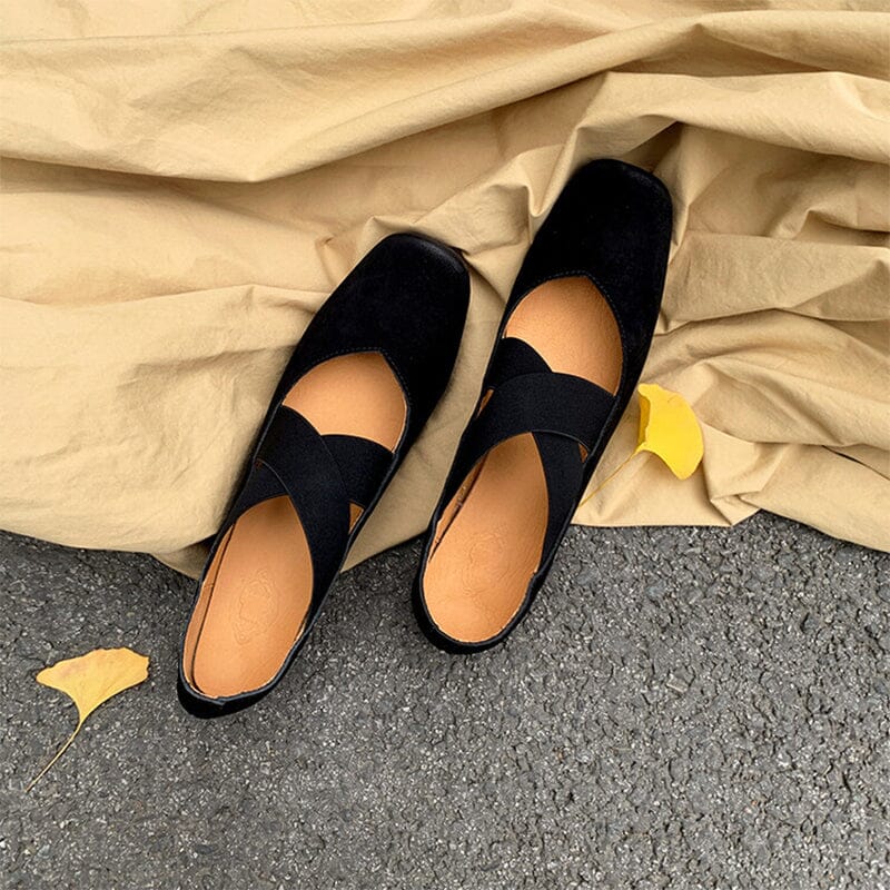 Ballet Flats with Cross-Strap Square Toe