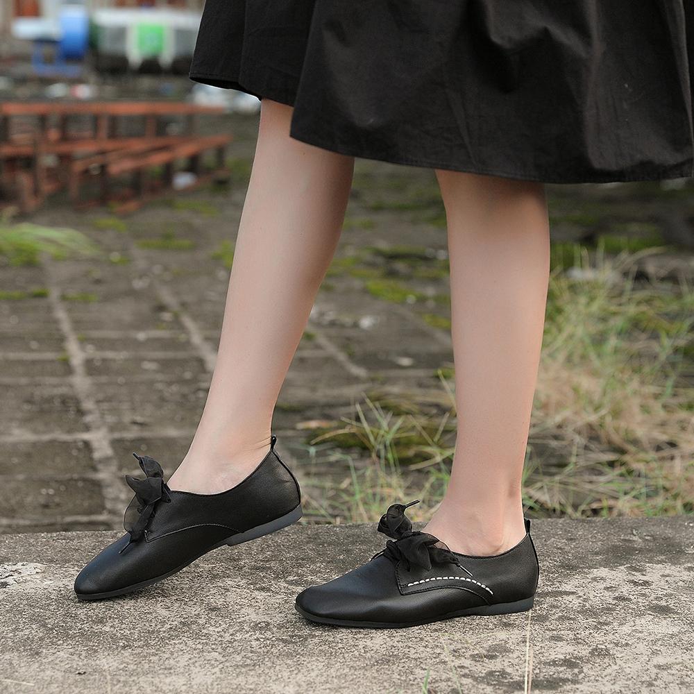 Sweet Lace Tie Flats Soft Walking Oxford Shoes Beige/Black