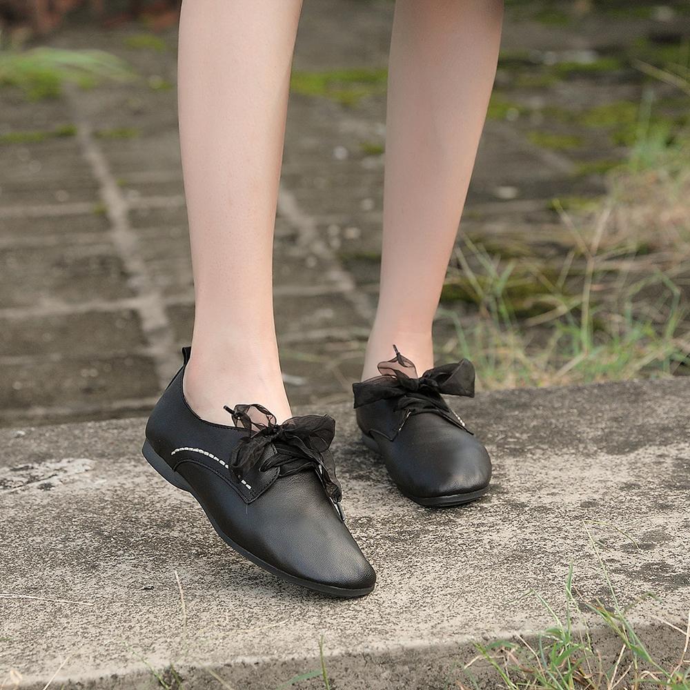 Sweet Lace Tie Flats Soft Walking Oxford Shoes Beige/Black