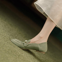 Suede Loafers Pearls Details Round Toe