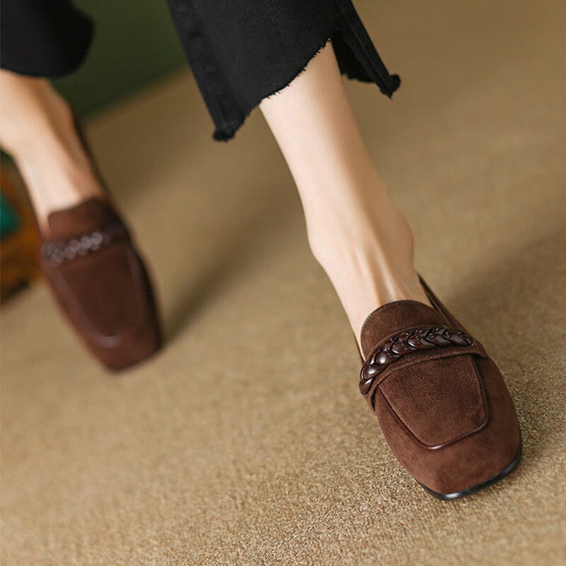 Suede Loafers Weave Details Square Toe