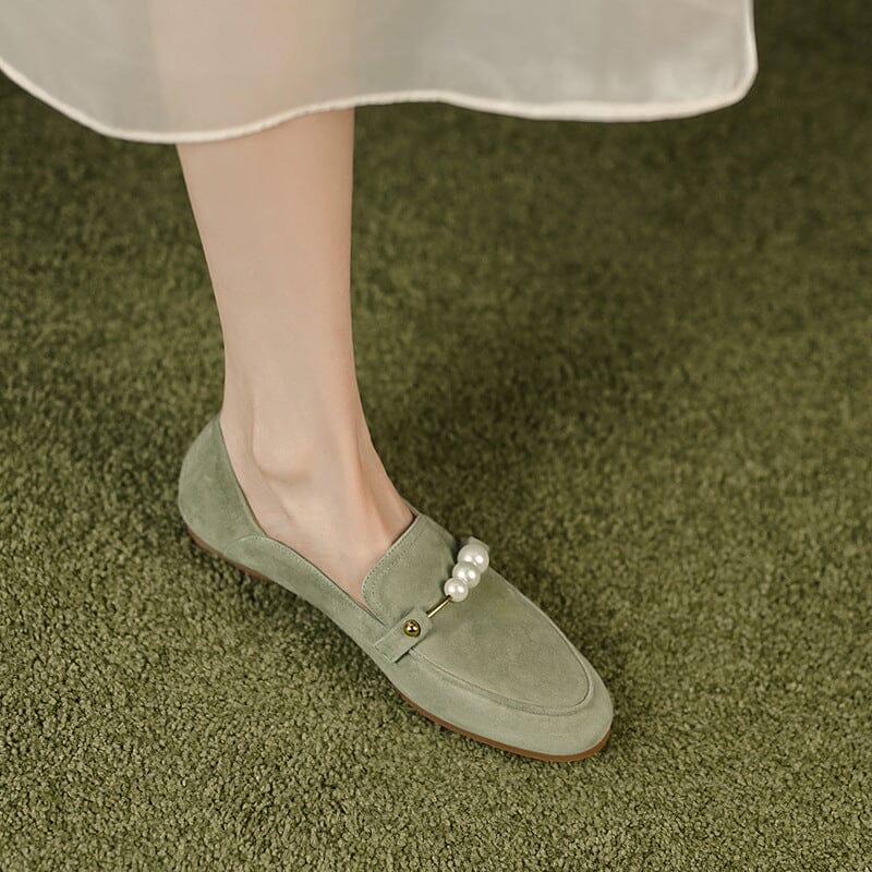 Suede Loafers Pearls Details Round Toe