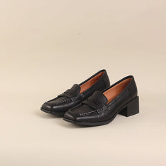 Retro Square Toe Block Heel Penny Loafers