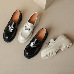 Chunky Loafers Smooth Genuine Platform Shoes Round Toe Metal Chain Details