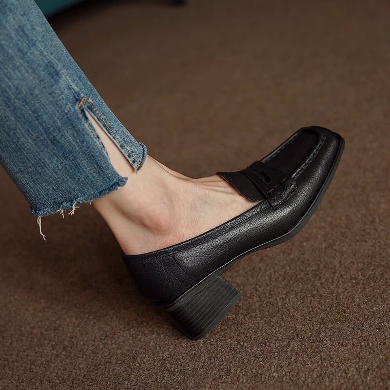 Retro Square Toe Block Heel Penny Loafers