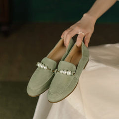 Suede Loafers Pearls Details Round Toe