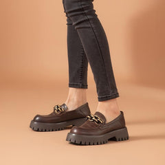 Chunky Loafers Genuine Cow Platform Shoes Round Toe Metal Chain Slip on Ladies Flats Handmade