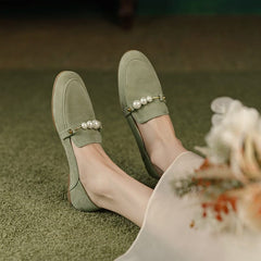 Suede Loafers Pearls Details Round Toe