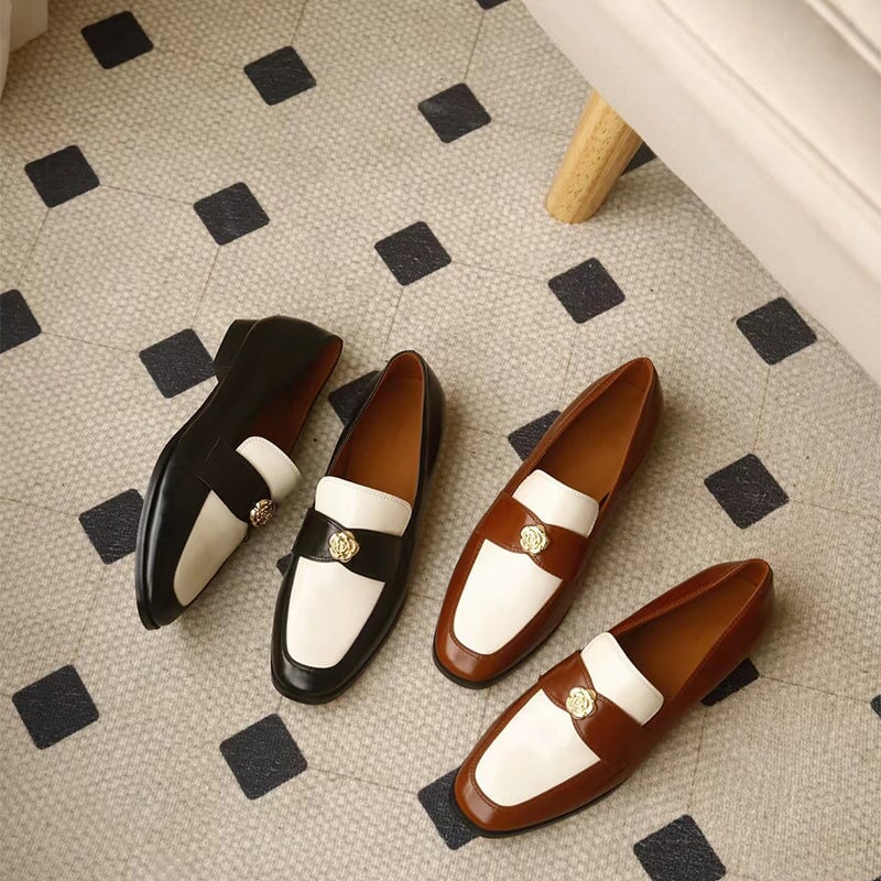 Retro Soft Penny Loafers Square Toe With Camellia Detail