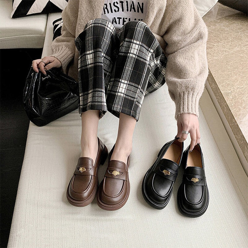 Block Heel Round Toe Penny Loafers